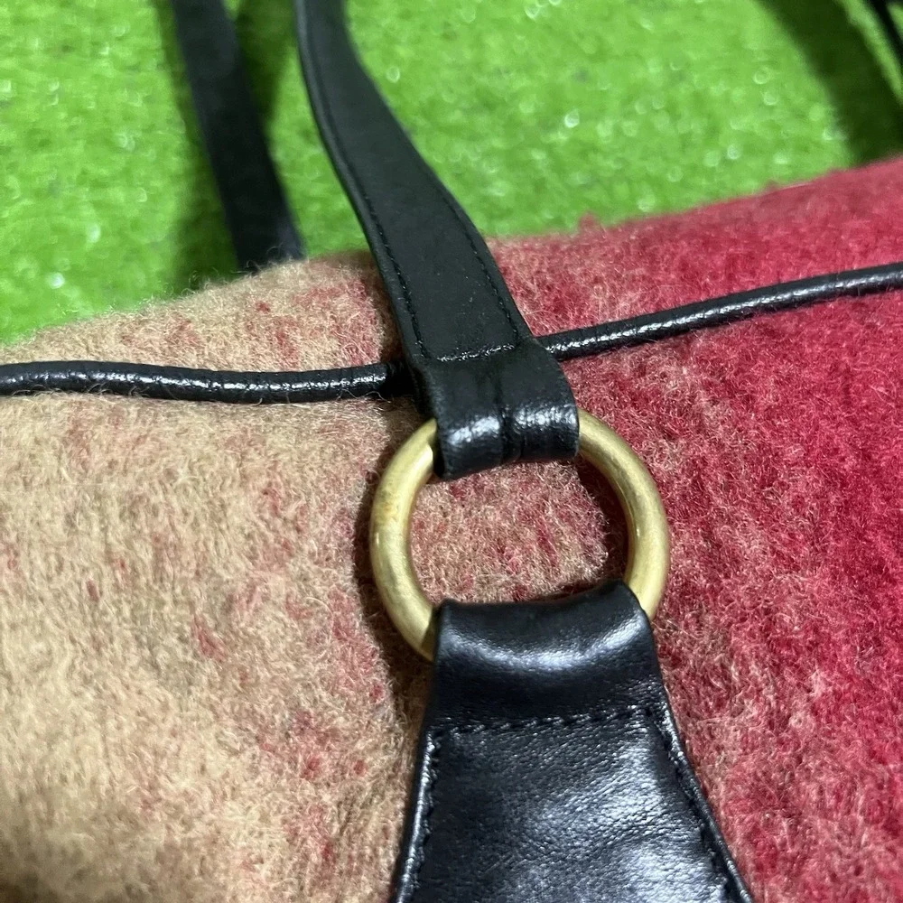 RARE Vintage Johnny Farah wool Purse 80s Red Ombré Leather Boho HandBag Brass